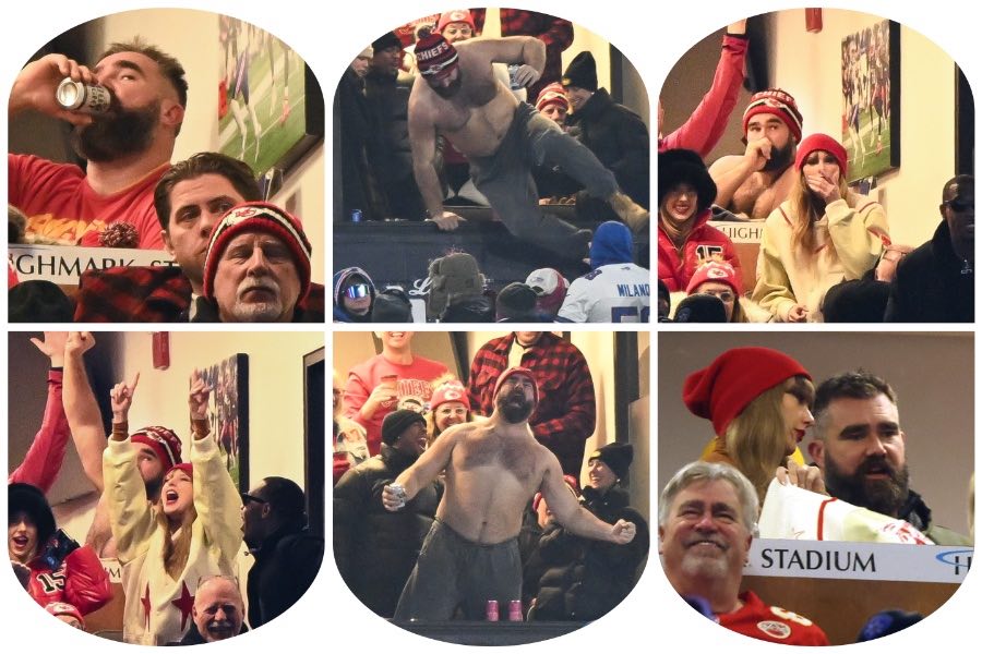 Photos of Jason Kelce and Taylor Swift cheering on Travis Kelce at Sunday night's Kansas City Chiefs game