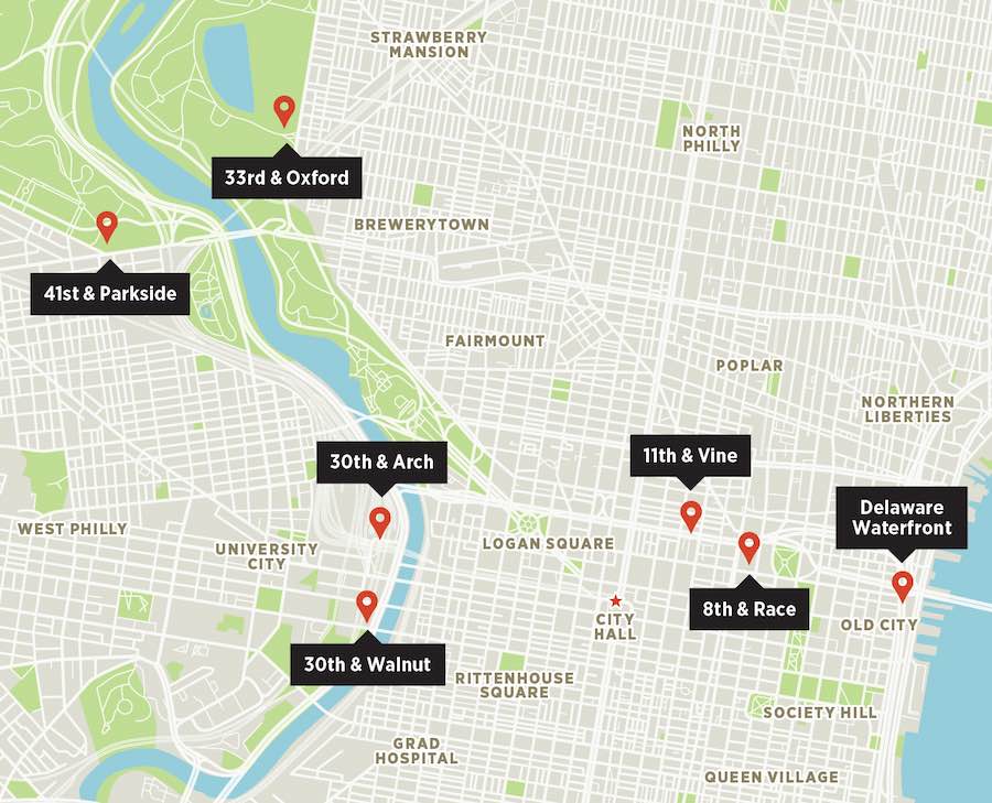 A map of proposed Veterans Stadium locations that never happened