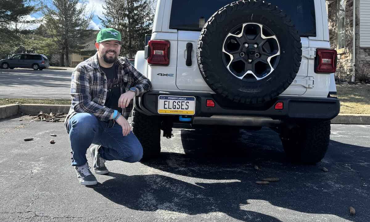 Dave Davis and his ELGSES license plate commemorating Philadelphia Mayor Cherelle Parker's amusing misspelling of the Eagles ahead of the Super Bowl