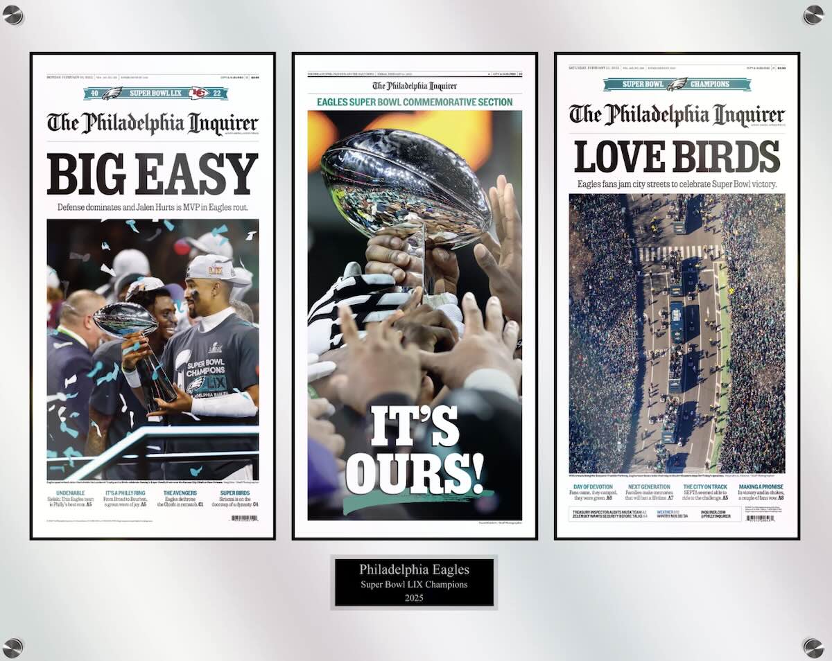 The Philadelphia Inquirer wants to sell you these commemorative Philadelphia Eagles Super Bowl framed front pages for $190. And it has sued another company over selling similar Eagles Super Bowl memorabilia.
