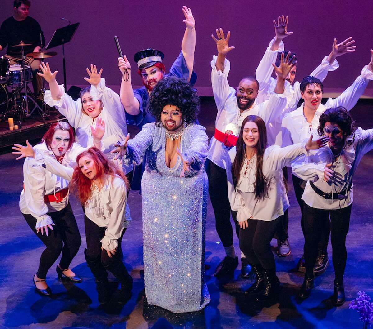 Philadelphia drag queen Eric Jaffe (center) and other cast members of Gay Mis, a drag musical parody of Les Mis that's running at FringeArts