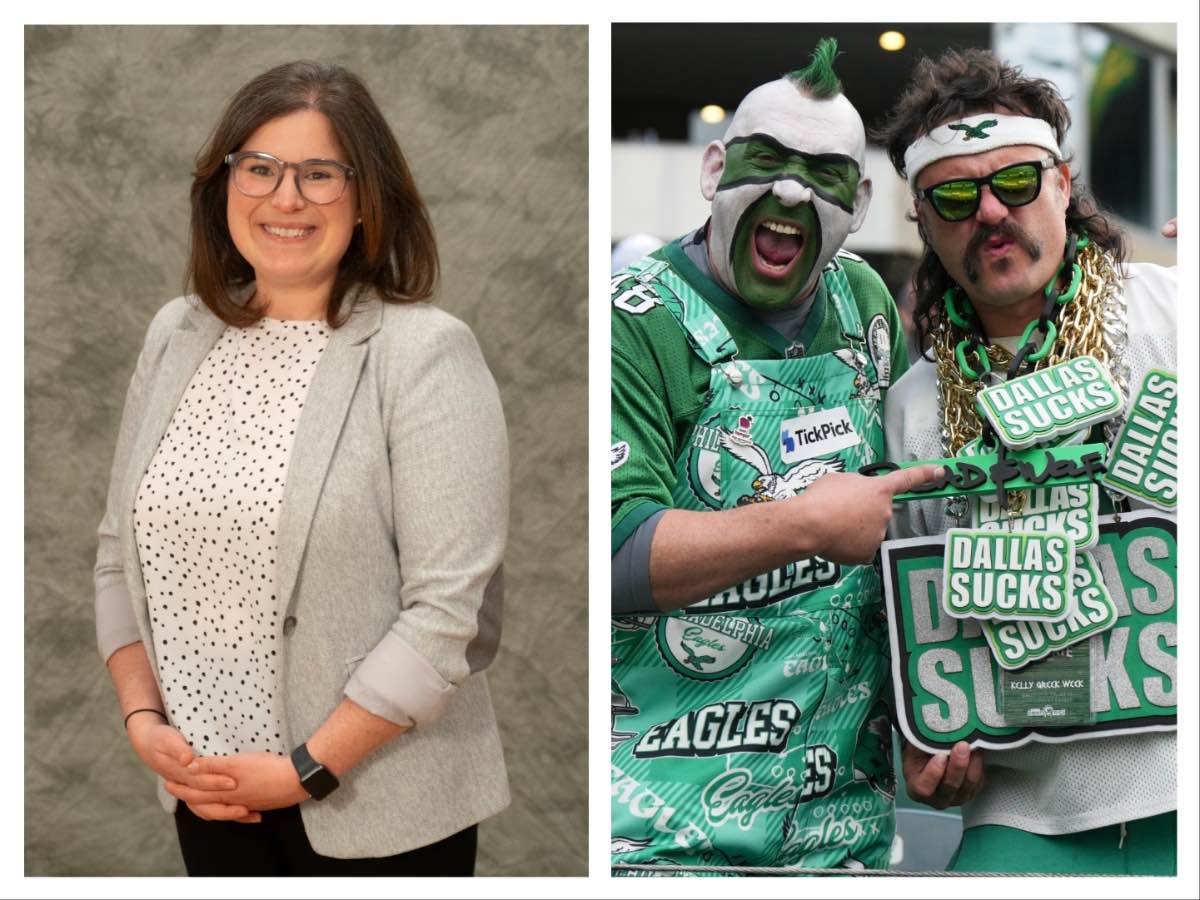 Fandom expert Liselle Milazzo from Penn State's Abington campus shares her insights into Eagles fans ahead of the Super Bowl. (photos via Penn State Abington and Getty Images)