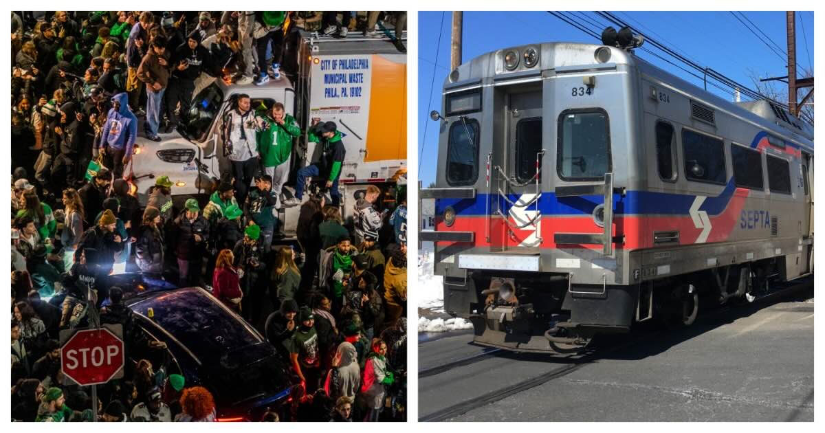 Eagles fans after the Super Bowl giving us a taste of what to expect at the Super Bowl parade on Friday in Philadelphia (photo via Getty Images) | A SEPTA Regional Rail train (photo via Dough4872/Wikimedia Creative Commons)