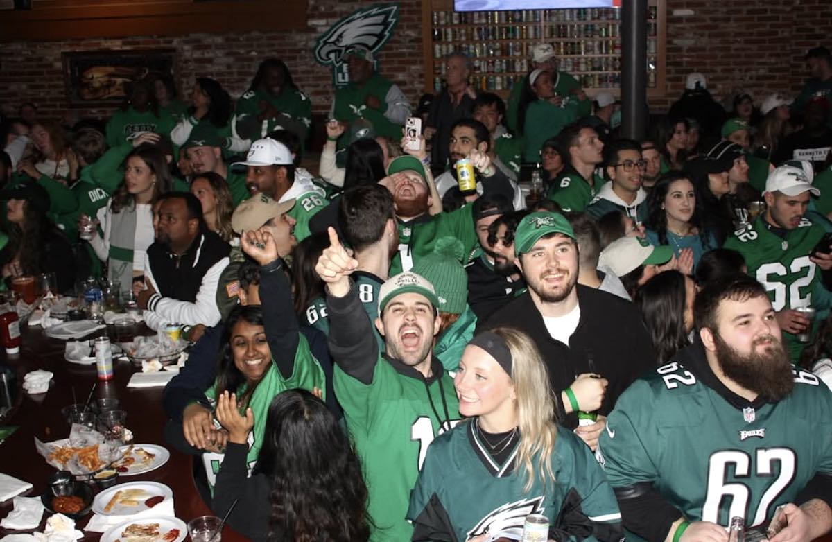 Philadelphia Eagles fans at Chickie's & Pete's, where owner Pete Ciarrocchi says he's been very careful not to violate any laws with his Super Bowl (aka Big Game) party. Some bars aren't so careful. (Photo courtesy Chickie's & Pete's)