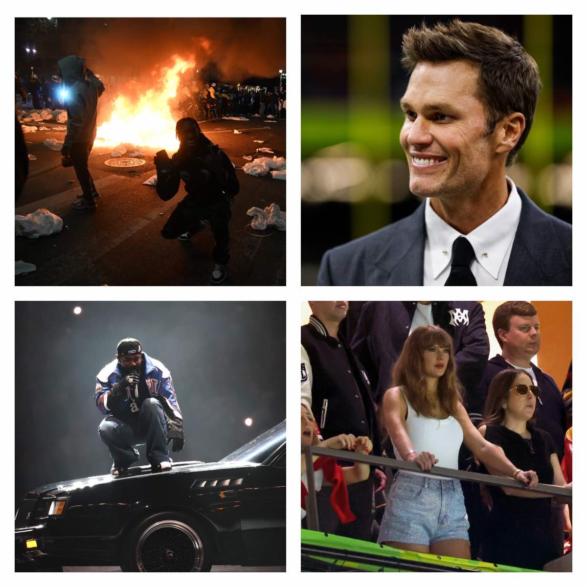 Eagles fans light fires in the streets of Philadelphia after the Eagles won; Tom Brady at the Super Bowl; Taylor Swift at the Super Bowl; and Kendrick Lamar performing at halftime
