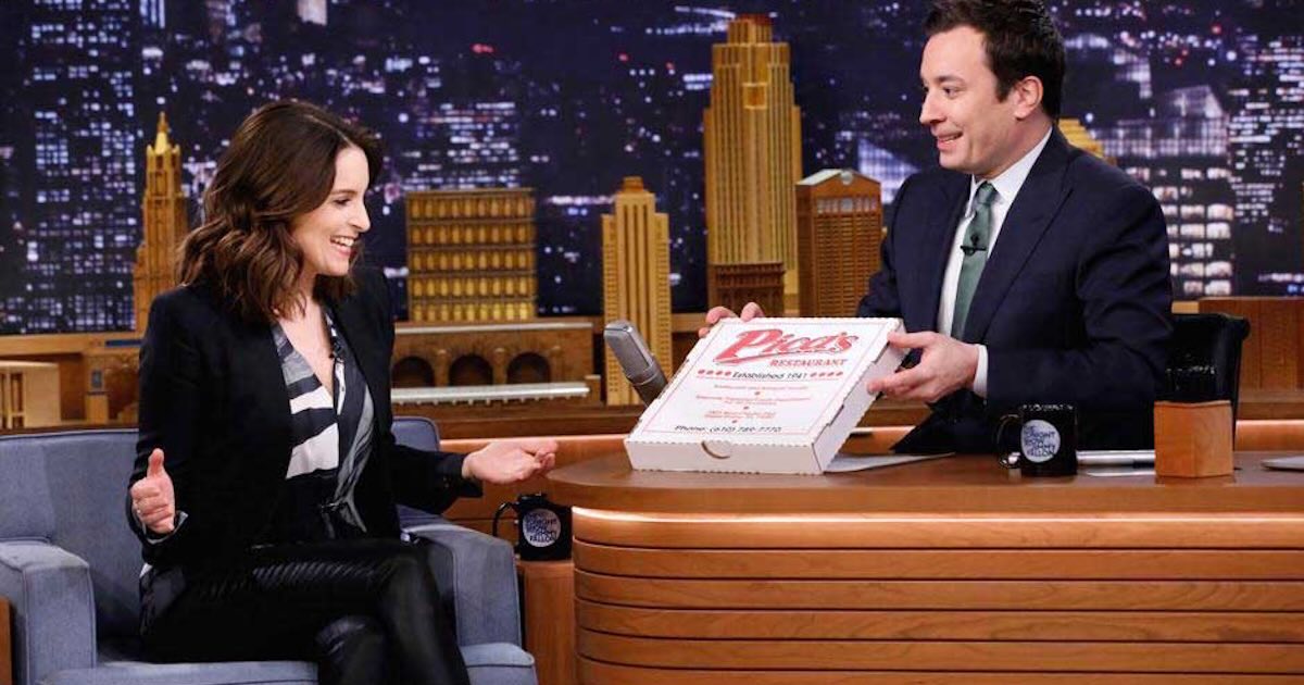 Tina Fey and Jimmy Fallon with a box of pizza from Pica's in Upper Darby, which is closing