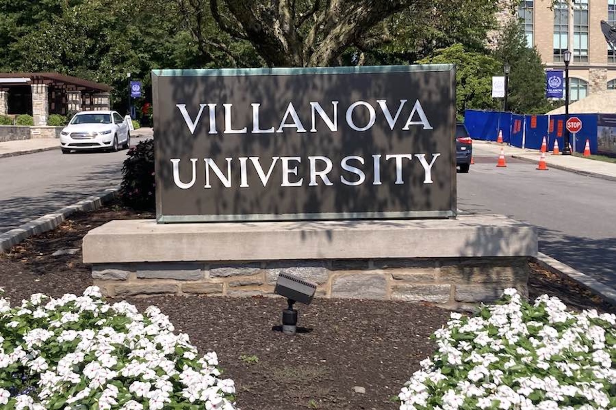 A sign at Villanova University, where a woman was sexually assaulted in a dorm in 2022 while fellow student Juan Eguiguren recorded the incident on his phone.