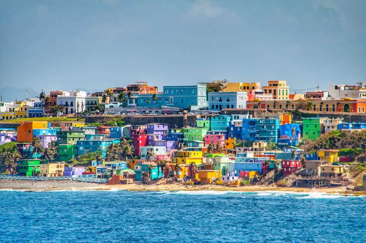 Colorful houses above the sea in San Juan, Puerto Rico. 