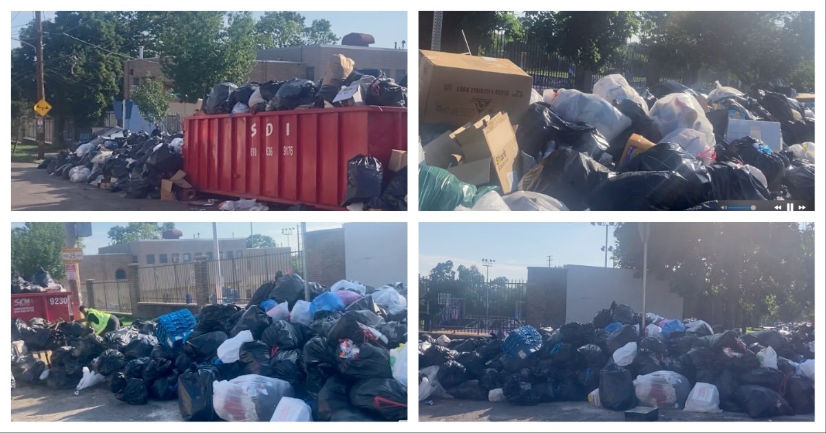 Piles and piles of trash sit next to a playground at 60th and Columbia in West Philadelphia amid the strike