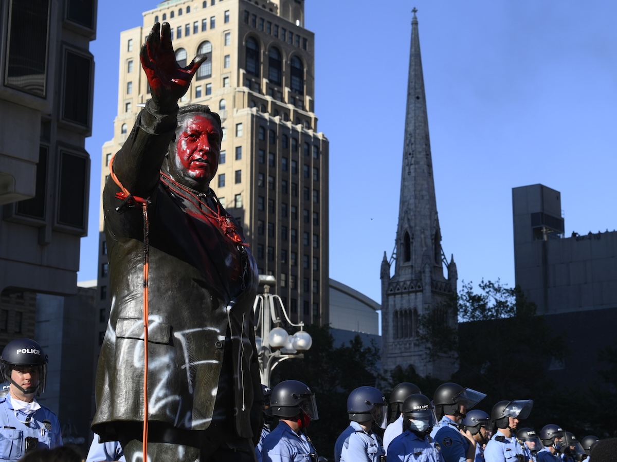 The vandalized Frank Rizzo statue, prior to its removal in 2020 (Getty Images)