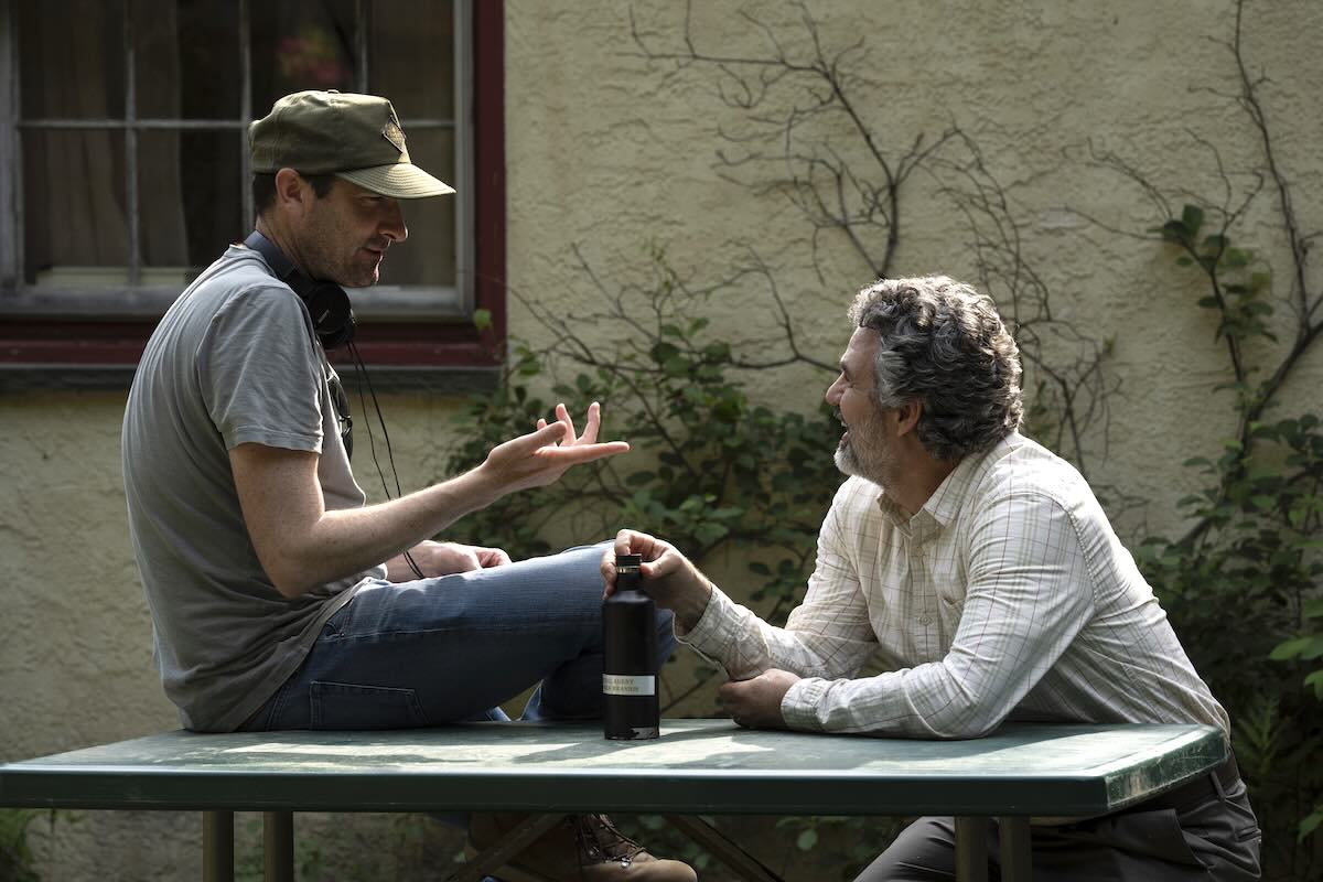Brad Ingelsby talking to Mark Ruffalo on the set of Task, Ingelsby's new HBO show.
