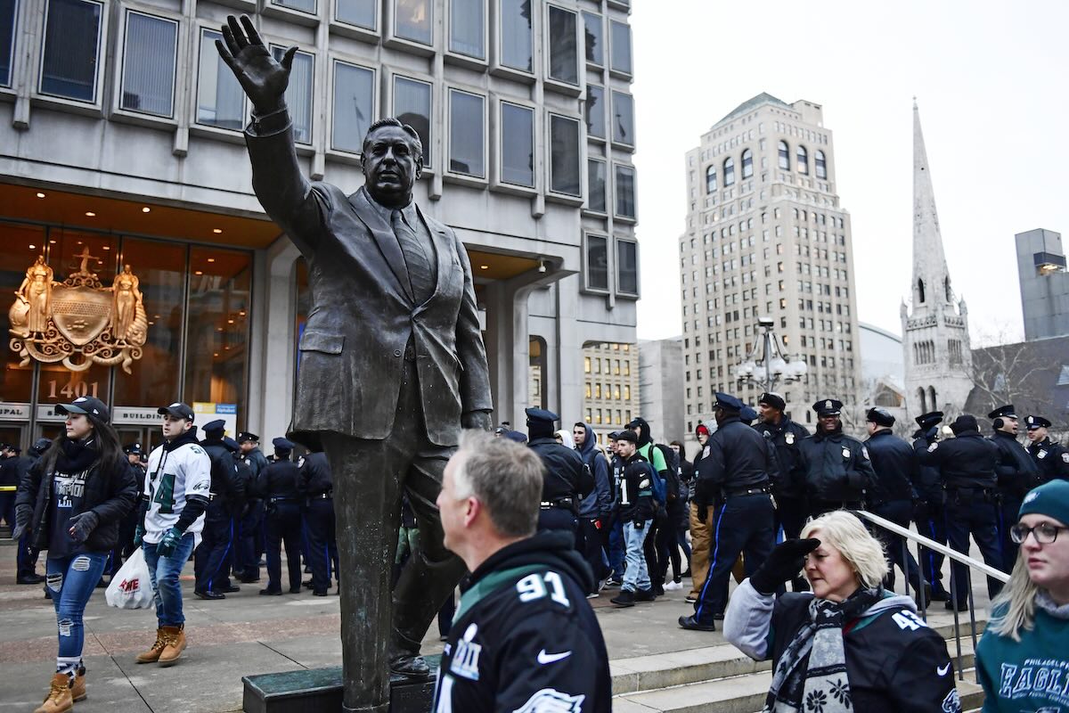The Frank Rizzo statue in Philadelphia prior to its removal and the lawsuit that followed