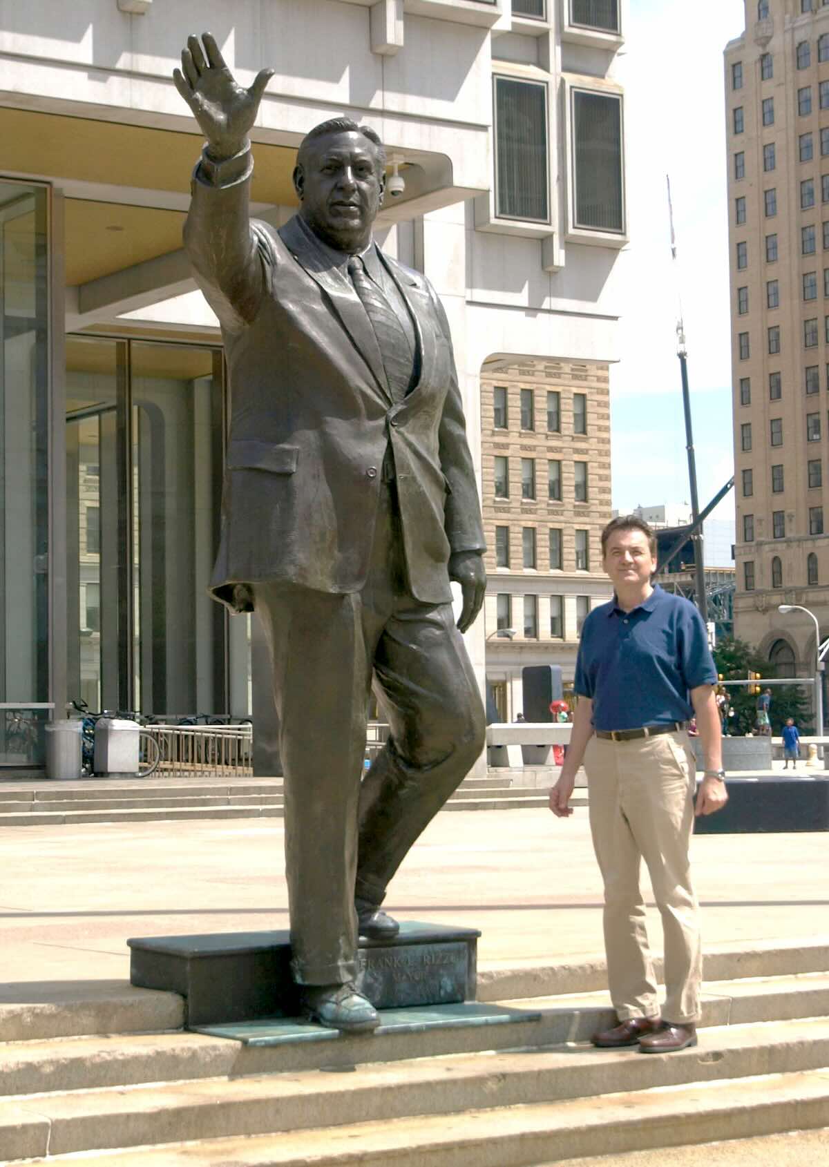 Xenos Frudakis with the Frank Rizzo statue he created 