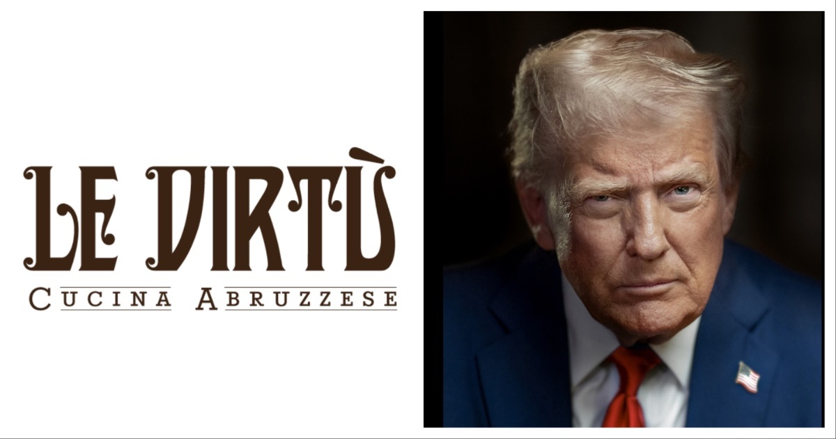 The logo for Le Virtu, the South Philadelphia restaurant that recently spoke out against Donald Trump, next to an official White House photo of Donald Trump